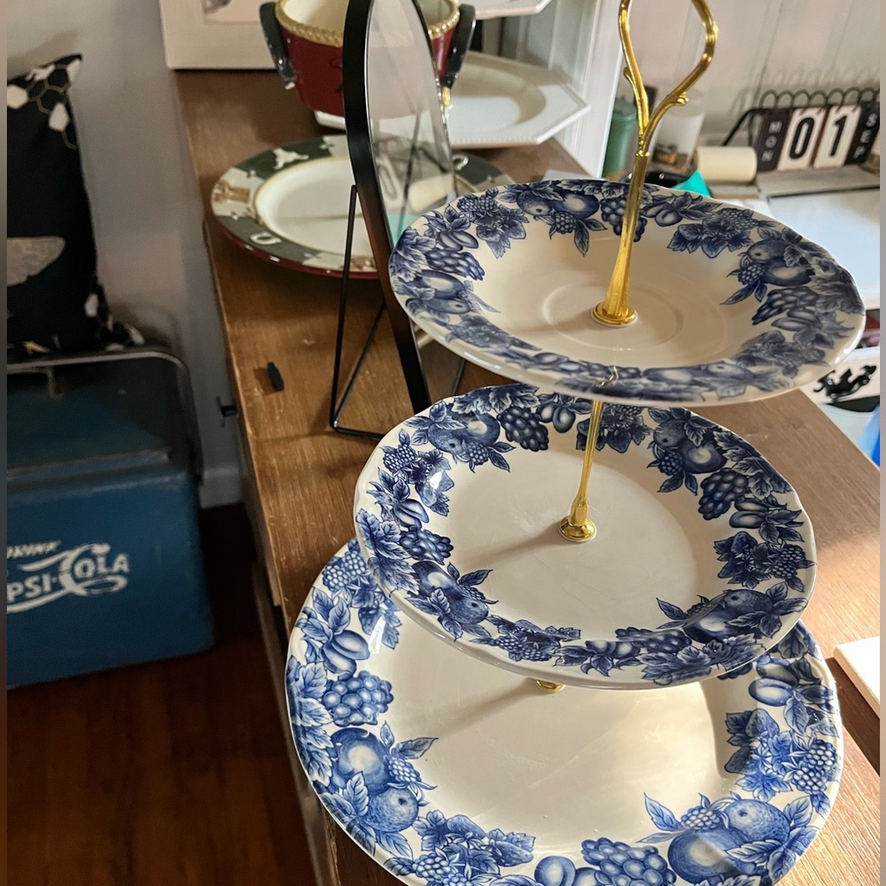 Blue and White Floral Three-Tiered Server